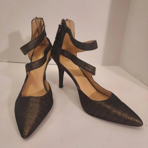 Nine West Technology Florent Point Toe Gold Simmer Zipper Back Heels in Size 8.5 - Picture 1 of 12